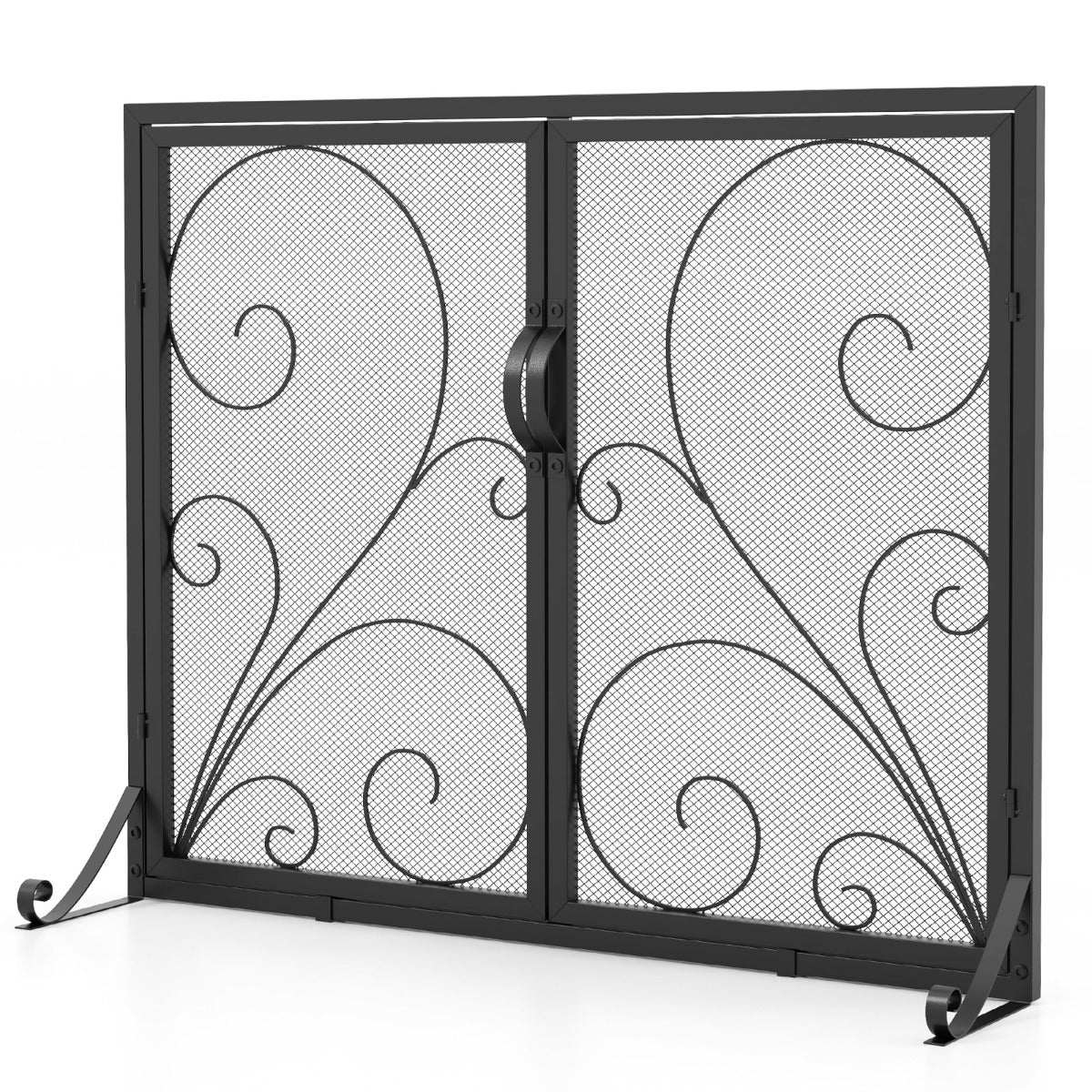 LIVSK Haardscherm met Dubbele Deur - Roest- en Hittebestendig Metaal - Elegant Bloemmotief - 96 x 35 x 78 cm - Zwart
