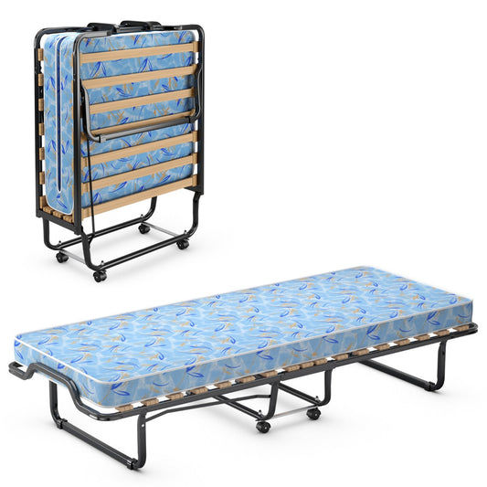 LIVSK Opklapbaar Bed met Traagschuim Matras - Robuust Metalen Frame - Draagbaar met Wielen - Ruimtebesparend - 90 x 112 x 35 cm -