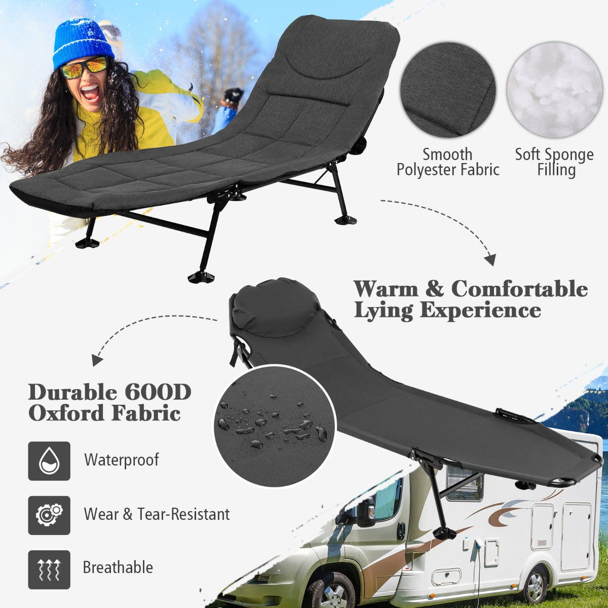 LIVSK Opvouwbaar Campingbed - 6 Verstelbare Standen - Lichtgewicht en Stevig - Draagvermogen tot 200 kg - 194 x 69 x 29 cm - Grijs