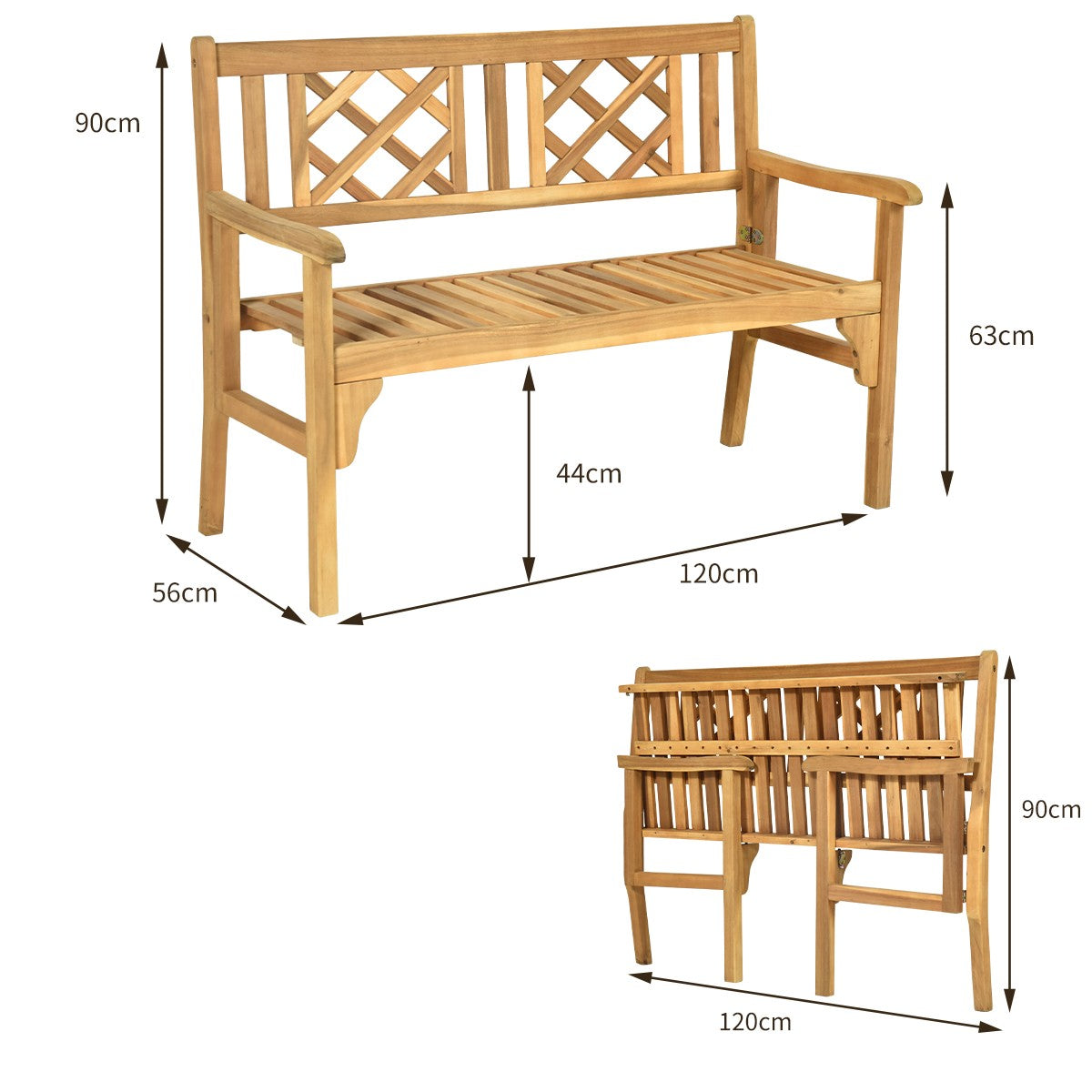 LIVSK Opklapbare Houten Tuinbank - Ergonomisch Ontwerp - Ruimtebesparend - Tot 320 kg - Teakhout