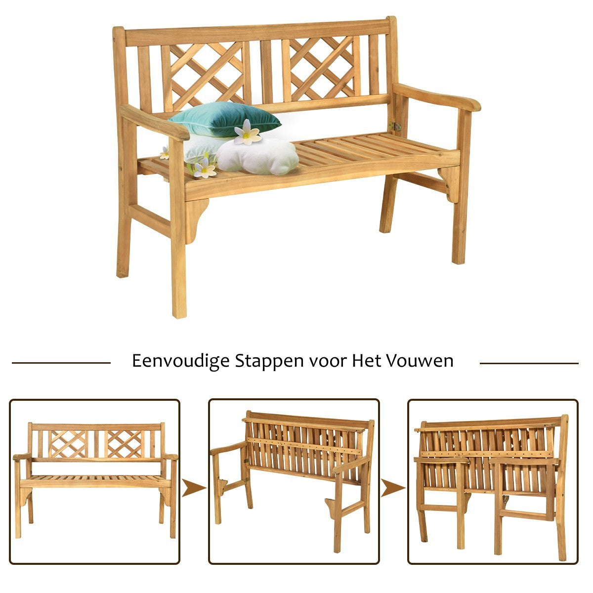 LIVSK Opklapbare Houten Tuinbank - Ergonomisch Ontwerp - Ruimtebesparend - Tot 320 kg - Teakhout