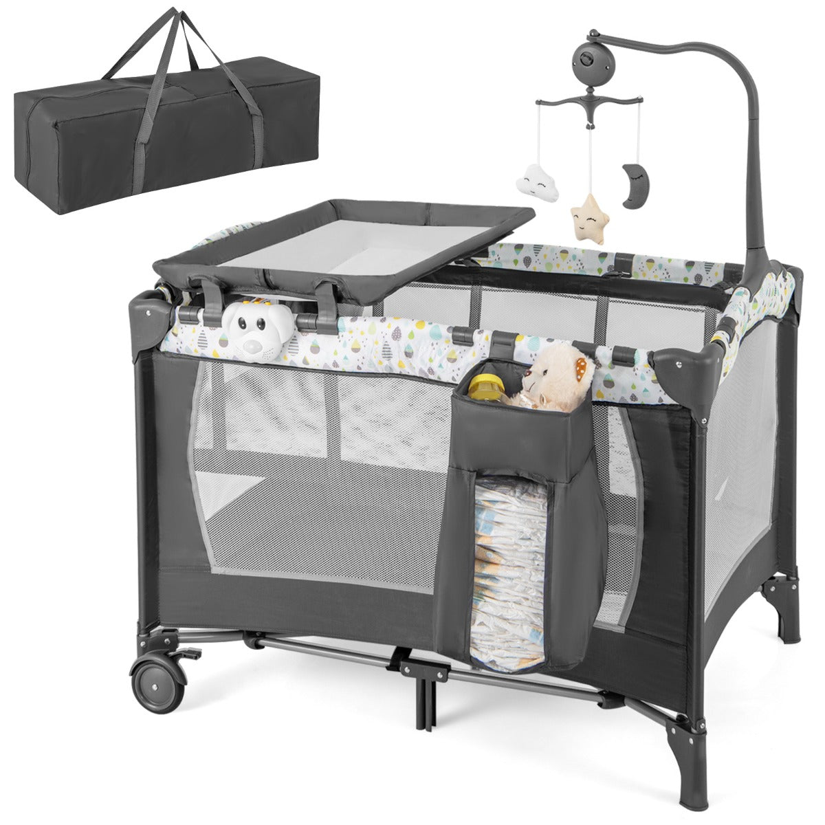 LIVSK 4-in-1 Babybedje - Wieg, Commode, Box en Reisbedje - Veilig met 7-punts Draagstructuur - Inclusief Matras en Draagtas -