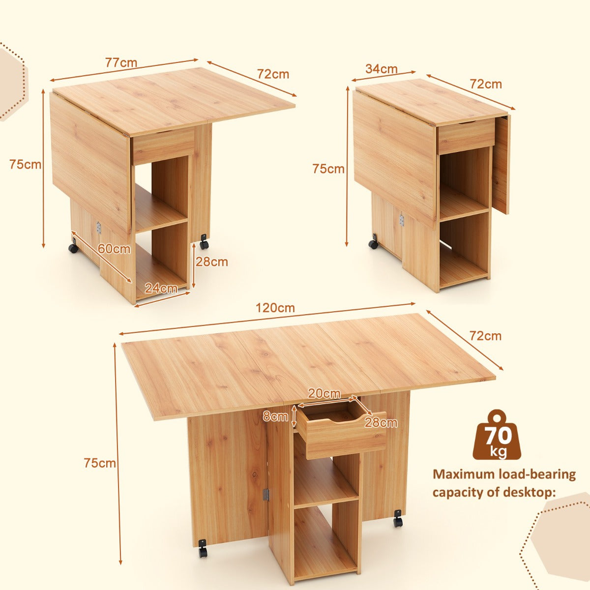 LIVSK Opvouwbare Eettafel - Ruimtebesparend Ontwerp met 2 Opbergplanken en Lade - Voor Eetkamer of Bureau - 120 x 72 x 75 cm -