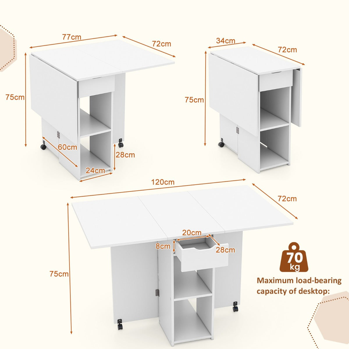 LIVSK Opklapbare Klaptafel met Opbergplanken en Lade - Ruimtebesparend - Veelzijdig Gebruik - 120 x 72 x 75 cm - Wit