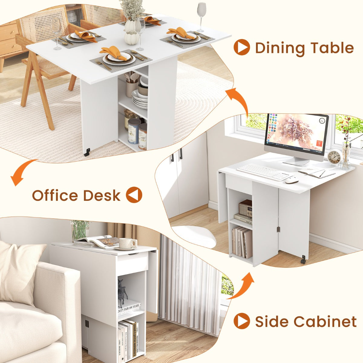 LIVSK Opklapbare Klaptafel met Opbergplanken en Lade - Ruimtebesparend - Veelzijdig Gebruik - 120 x 72 x 75 cm - Wit