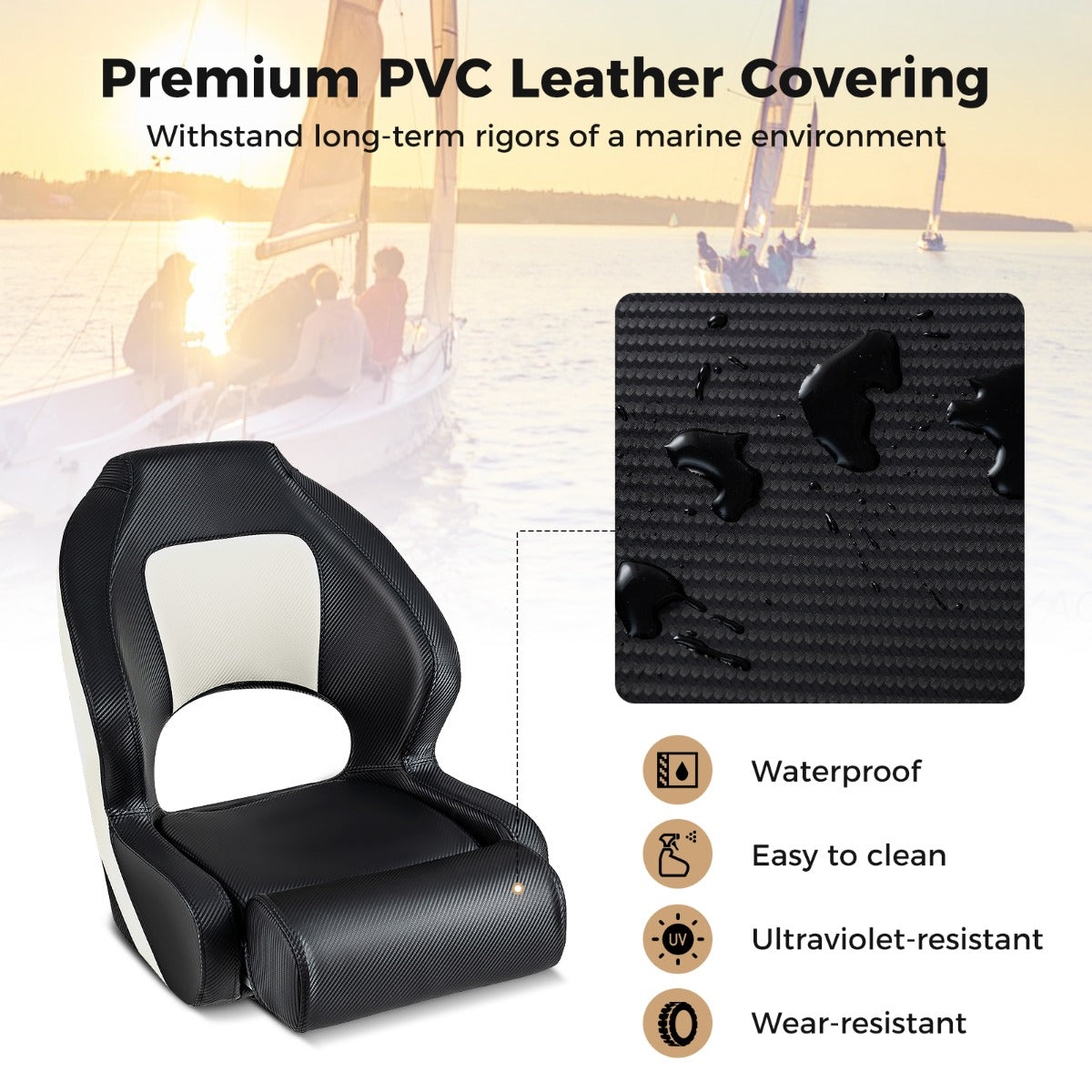 LIVSK kapiteinsbootstoel - Opklapbaar met hoge rugleuning - Waterdicht PVC-leer - Ergonomisch - 56 x 70 x 62 cm - Wit + Zwart