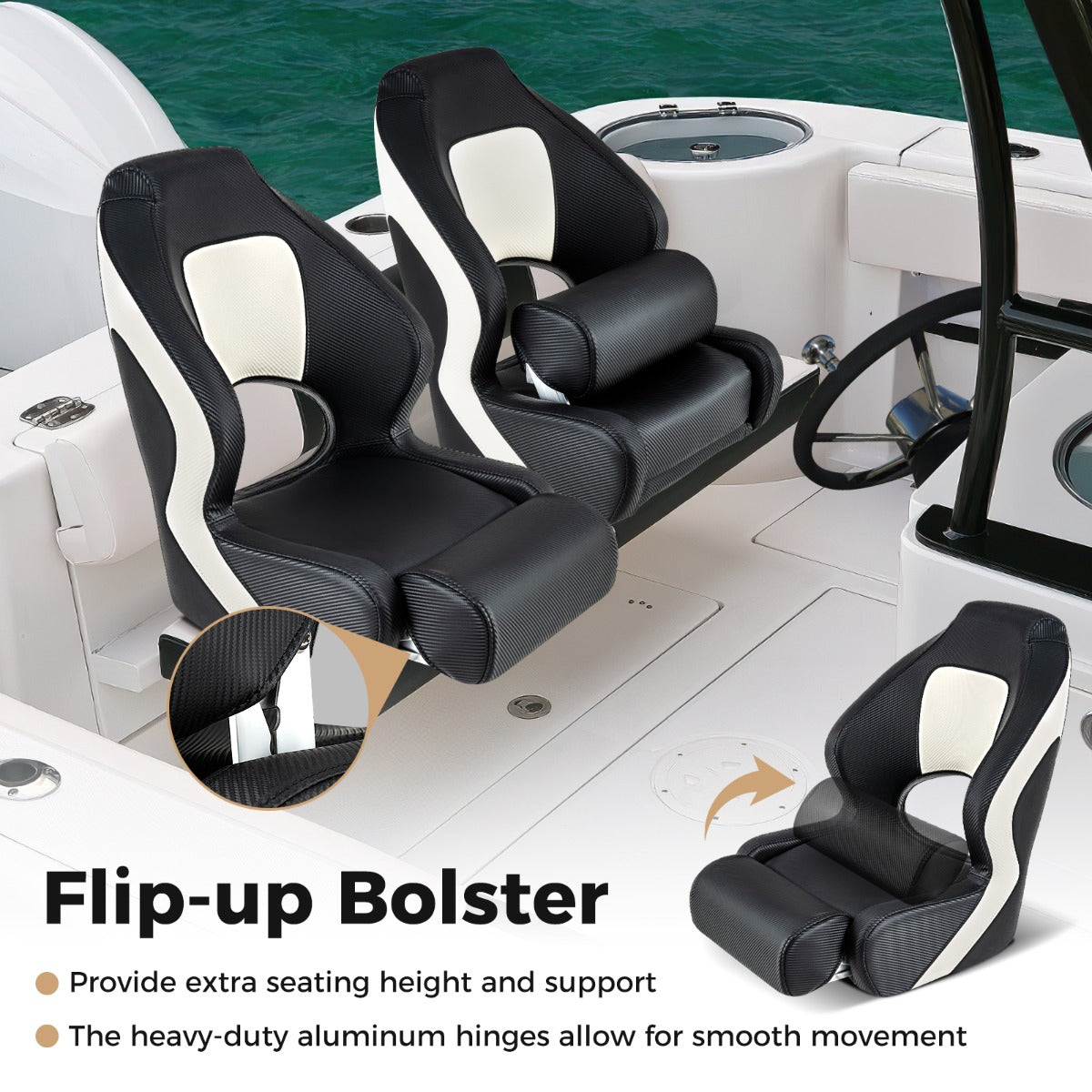 LIVSK kapiteinsbootstoel - Opklapbaar met hoge rugleuning - Waterdicht PVC-leer - Ergonomisch - 56 x 70 x 62 cm - Wit + Zwart