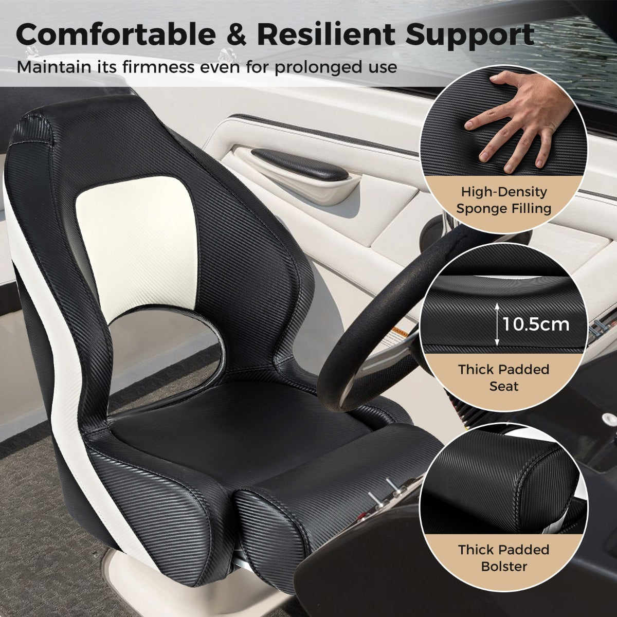 LIVSK kapiteinsbootstoel - Opklapbaar met hoge rugleuning - Waterdicht PVC-leer - Ergonomisch - 56 x 70 x 62 cm - Wit + Zwart