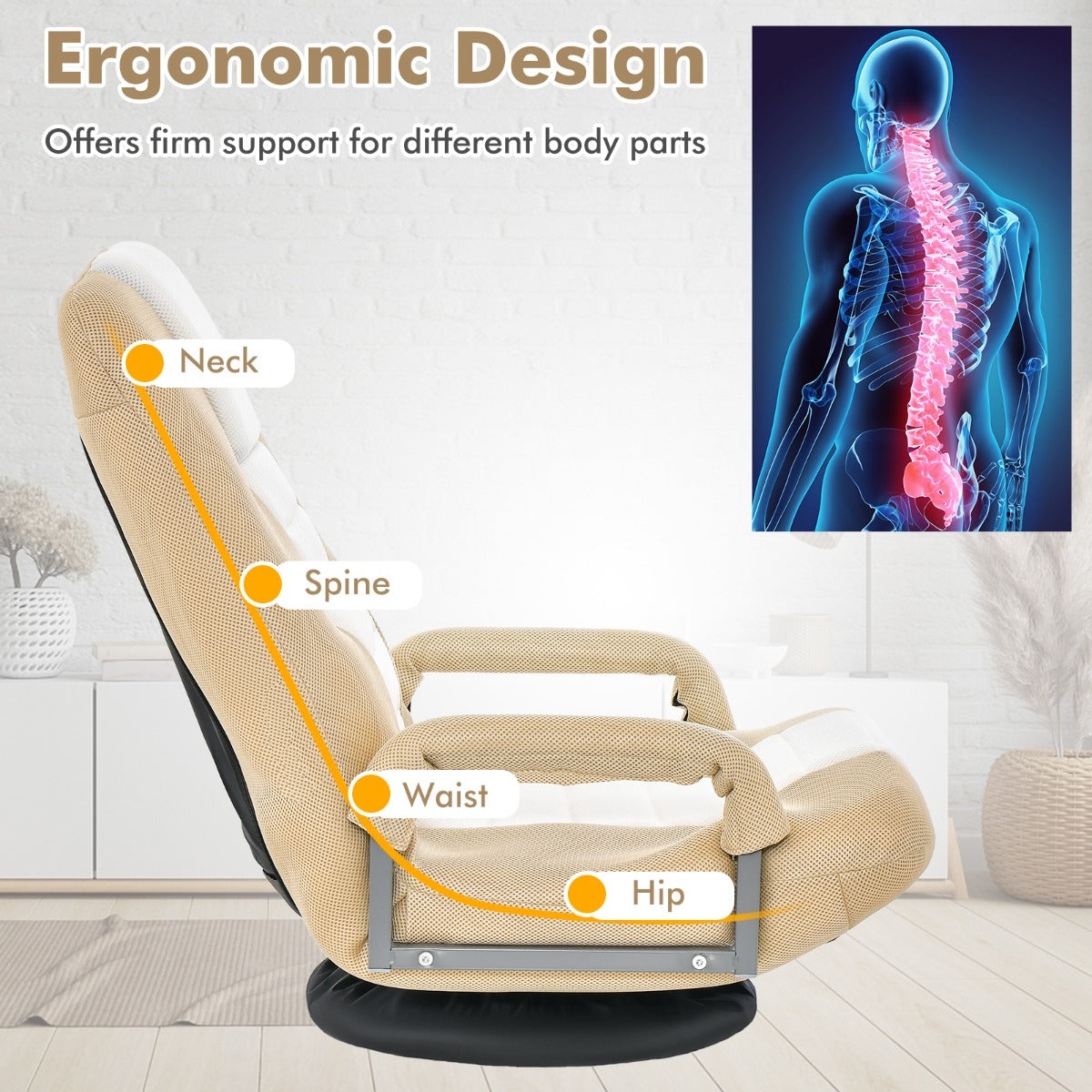 LIVSK Opklapbare Vloerstoel - Ergonomisch Ontwerp met 6-Voudig Verstelbare Rugleuning - Draaibare Basis - Max. 140 KG - Beige