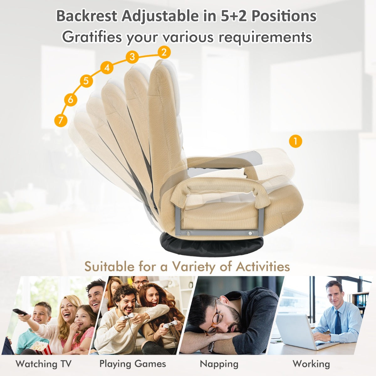 LIVSK Opklapbare Vloerstoel - Ergonomisch Ontwerp met 6-Voudig Verstelbare Rugleuning - Draaibare Basis - Max. 140 KG - Beige