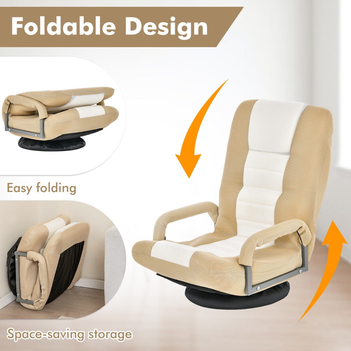 LIVSK Opklapbare Vloerstoel - Ergonomisch Ontwerp met 6-Voudig Verstelbare Rugleuning - Draaibare Basis - Max. 140 KG - Beige