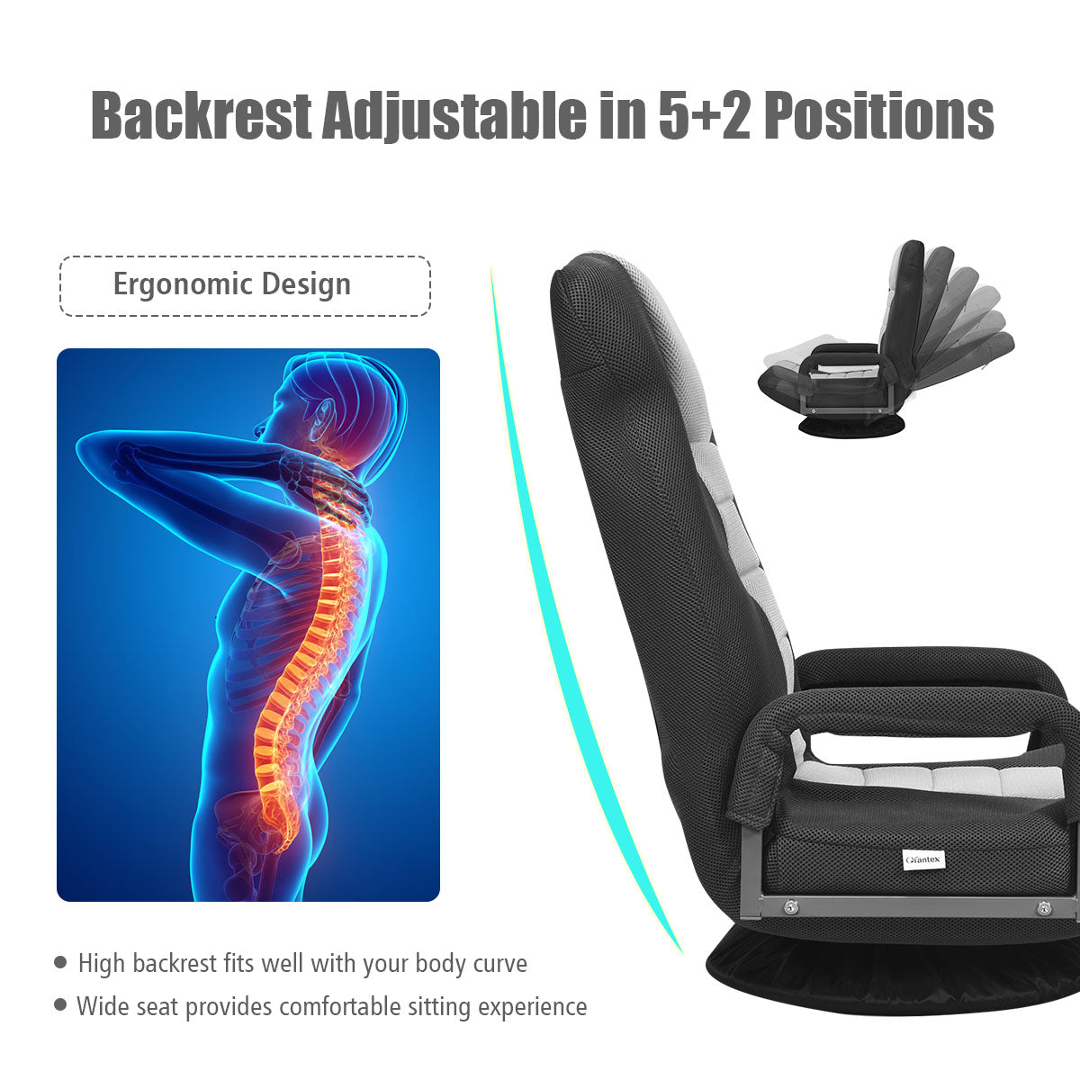 LIVSK Opvouwbare Vloer Gaming Stoel - Verstelbare 6 Posities - 360° Draaibaar - Ergonomisch - 61-87 x 55 x 75 cm - Grijs