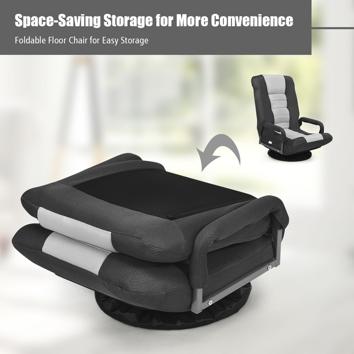 LIVSK Opvouwbare Vloer Gaming Stoel - Verstelbare 6 Posities - 360° Draaibaar - Ergonomisch - 61-87 x 55 x 75 cm - Grijs