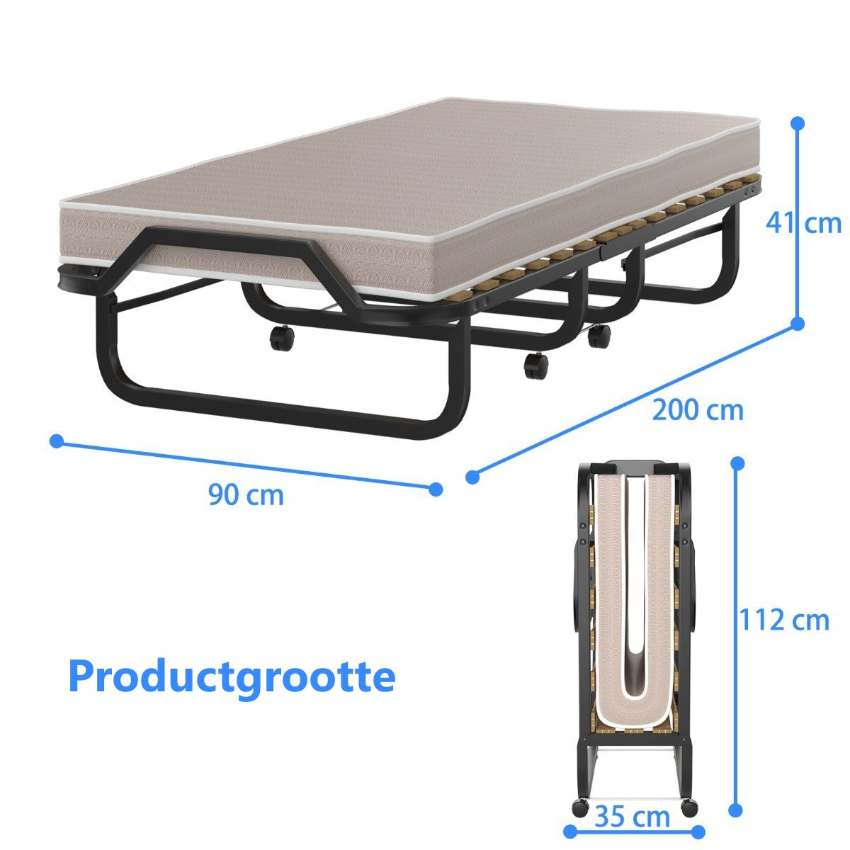 LIVSK Opklapbed met Traagschuim Matras - Stevig Metalen Frame - Ruimtebesparend - Tot 120 kg - 90 x 200 x 41 cm - Grijs