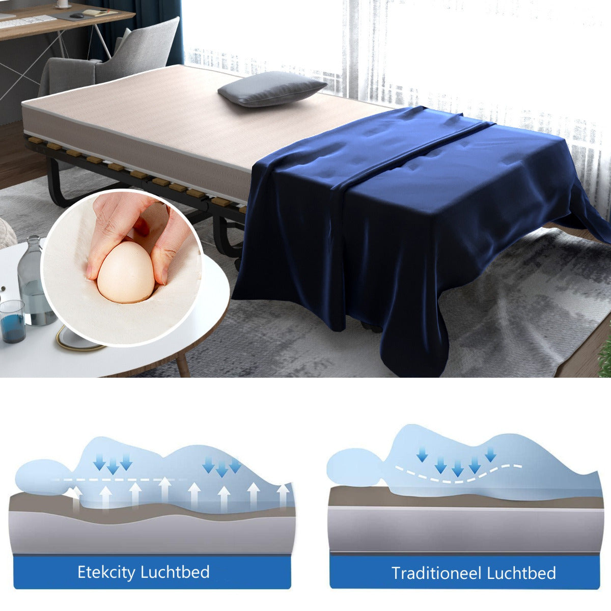 LIVSK Opklapbed met Traagschuim Matras - Stevig Metalen Frame - Ruimtebesparend - Tot 120 kg - 90 x 200 x 41 cm - Grijs