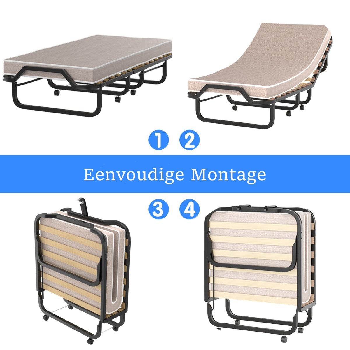 LIVSK Opklapbed met Traagschuim Matras - Stevig Metalen Frame - Ruimtebesparend - Tot 120 kg - 90 x 200 x 41 cm - Grijs