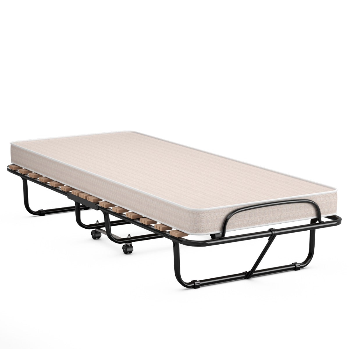 LIVSK Opklapbed met Traagschuim Matras - Draagbaar en Ruimtebesparend - Sterk Stalen Frame - Tot 130 kg - Zwart/Beige