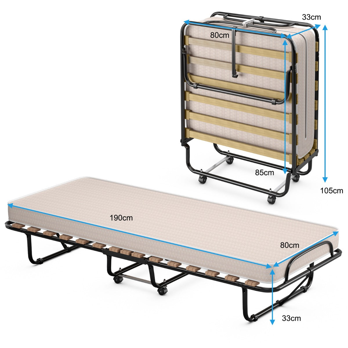LIVSK Opklapbed met Traagschuim Matras - Draagbaar en Ruimtebesparend - Sterk Stalen Frame - Tot 130 kg - Zwart/Beige
