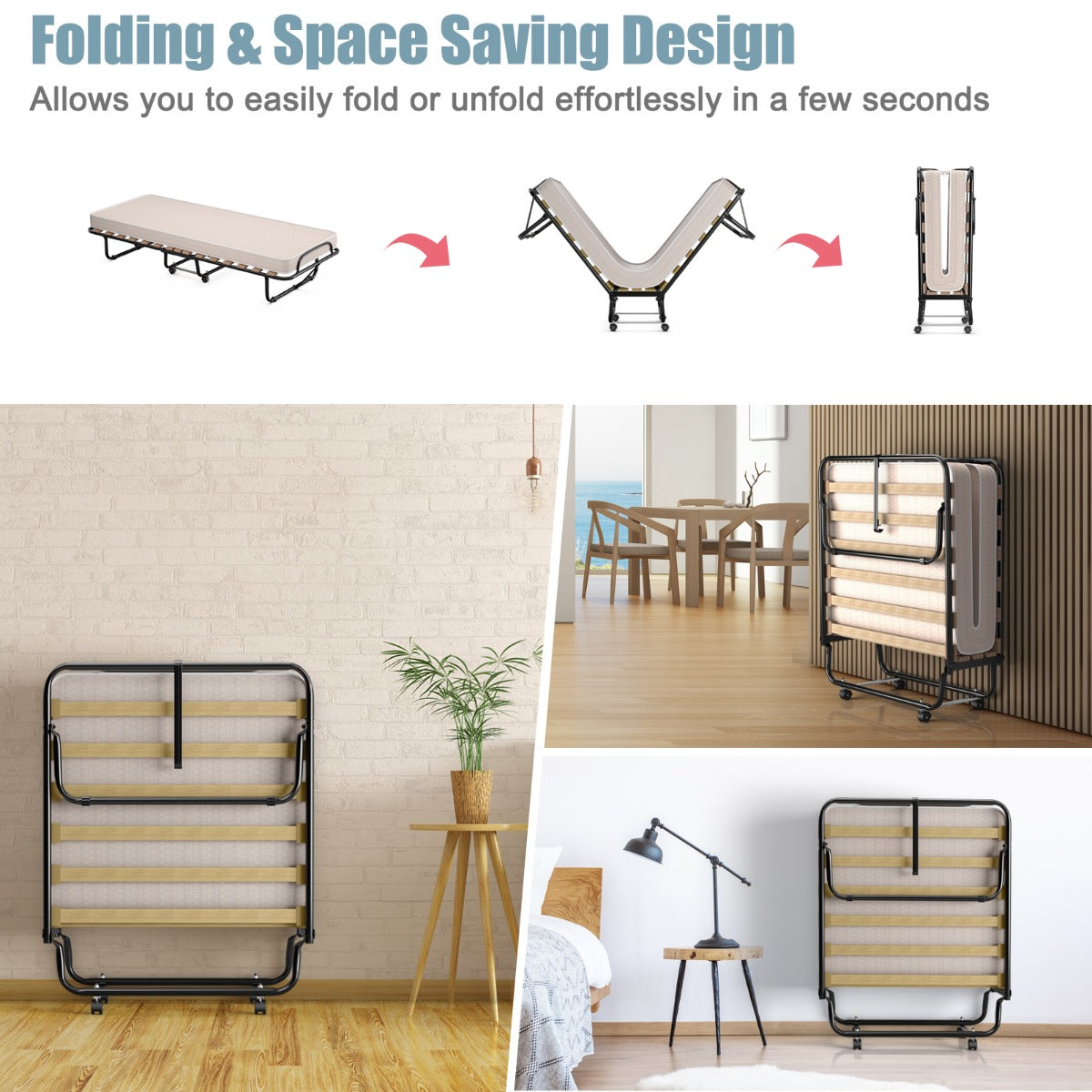 LIVSK Opklapbed met Traagschuim Matras - Draagbaar en Ruimtebesparend - Sterk Stalen Frame - Tot 130 kg - Zwart/Beige