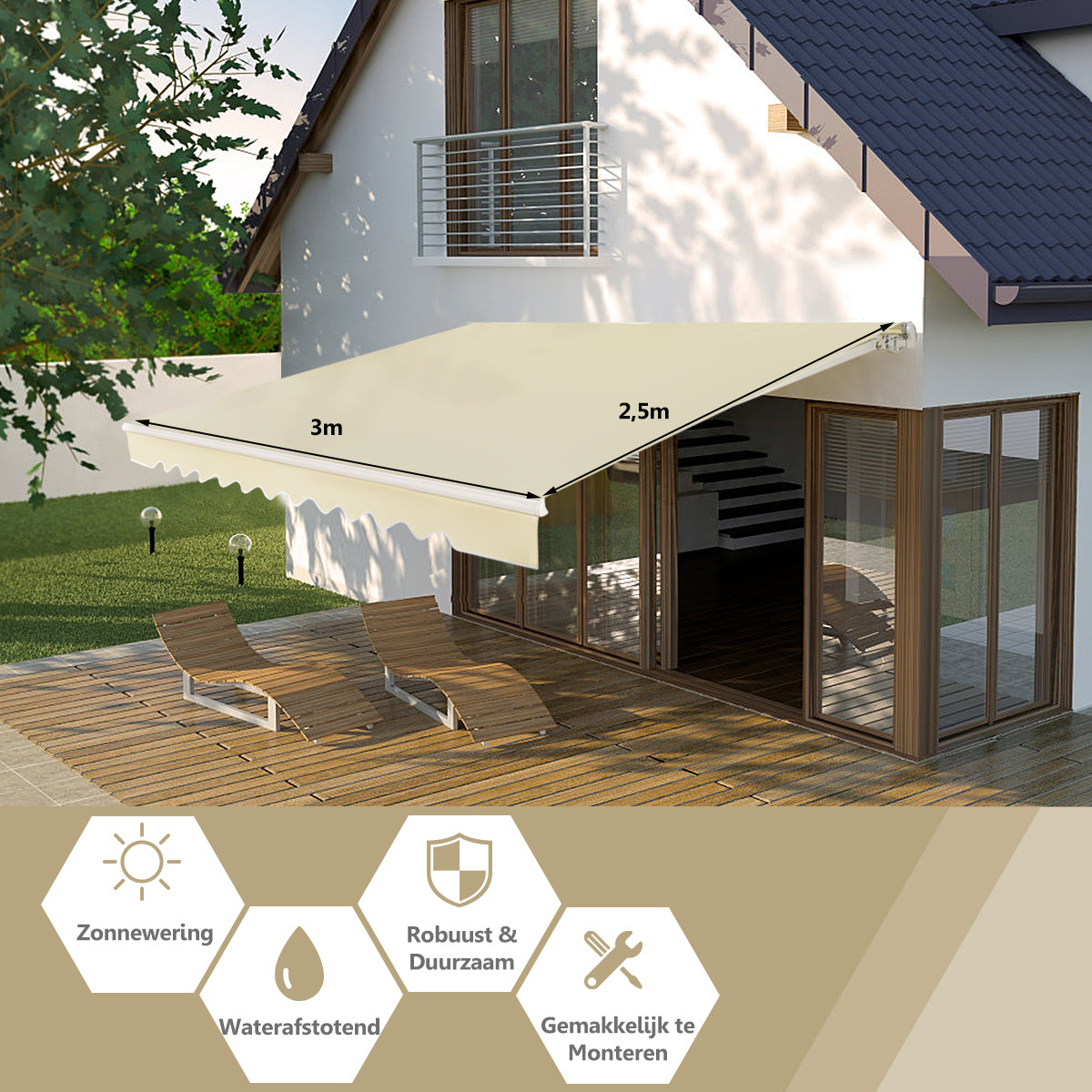 LIVSK Oprolbare Luifel Aluminium - Waterdicht Polyester - Verstelbare Kanteling - Eenvoudige Installatie - 3m x 2,5m - Beige