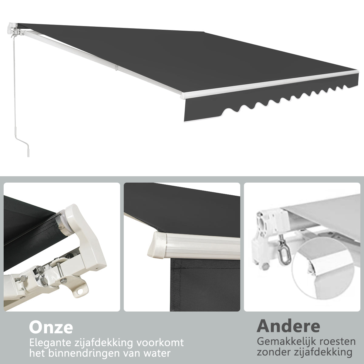 LIVSK Oprolbare Luifel voor Onder Dakrand - Aluminium Frame - Waterdicht Polyester - Verstelbare Kanteling - 3m x 2,5m - Grijs