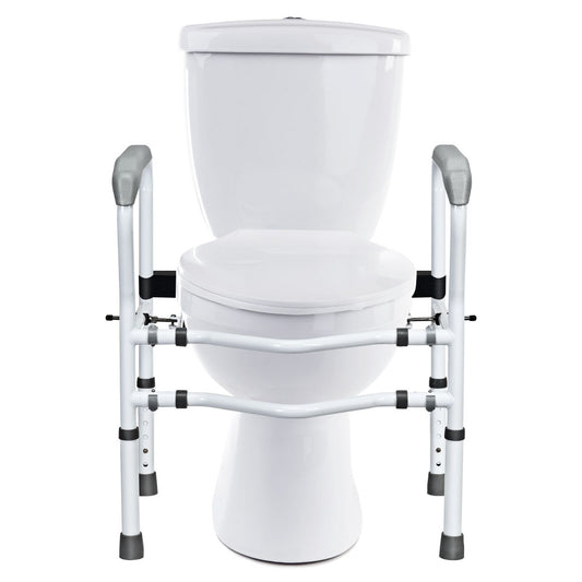 LIVSK Vrijstaande Toiletbeugel - Verstelbare Hoogte 63-76 cm - Antislip Handgrepen - Draagvermogen 136 kg - Wit + Grijs