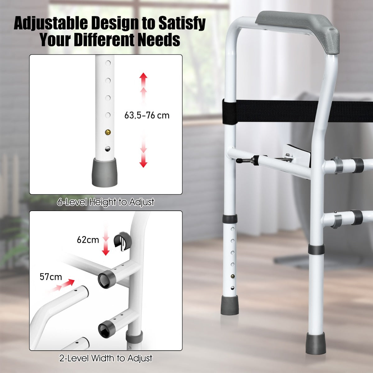 LIVSK Vrijstaande Toiletbeugel - Verstelbare Hoogte 63-76 cm - Antislip Handgrepen - Draagvermogen 136 kg - Wit + Grijs