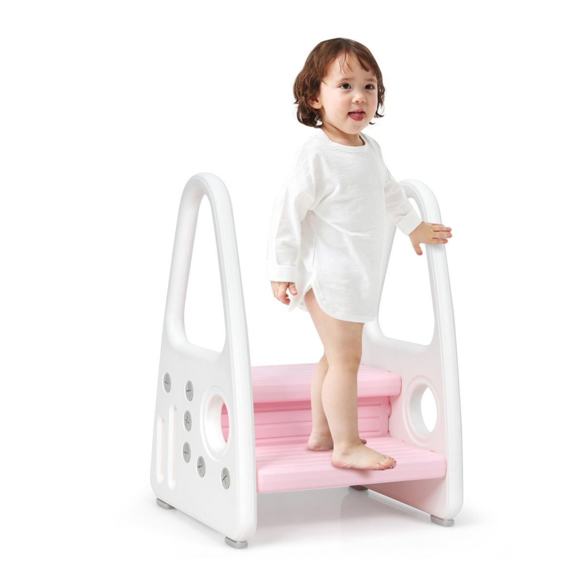 LIVSK Multifunctioneel Kinder Opstapkrukje - Veiligheid - Armleuningen - Antislip - Tot 50 kg - HDPE - Grijs