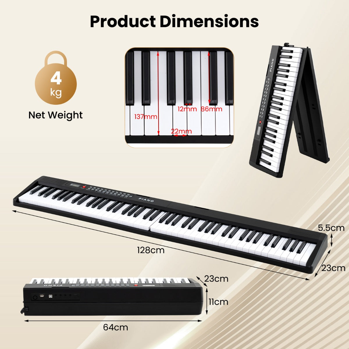 LIVSK Opvouwbaar Keyboard - 88 Toetsen - 1000 Geluiden - 1000 Ritmes - 3 Leermodi - Draagbaar - Zwart en Wit