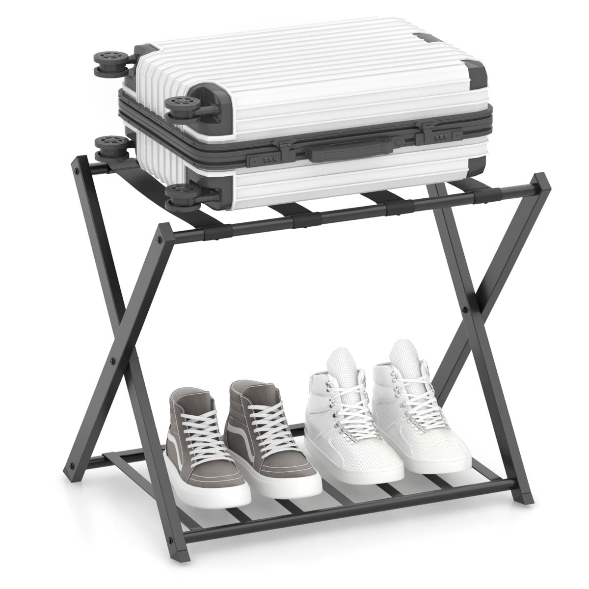 LIVSK Opvouwbaar Bagagerek - 2 Niveaus - Stevig Metalen Frame - Nylon Riemen - Tot 50 kg - Ruimtebesparend - Zwart