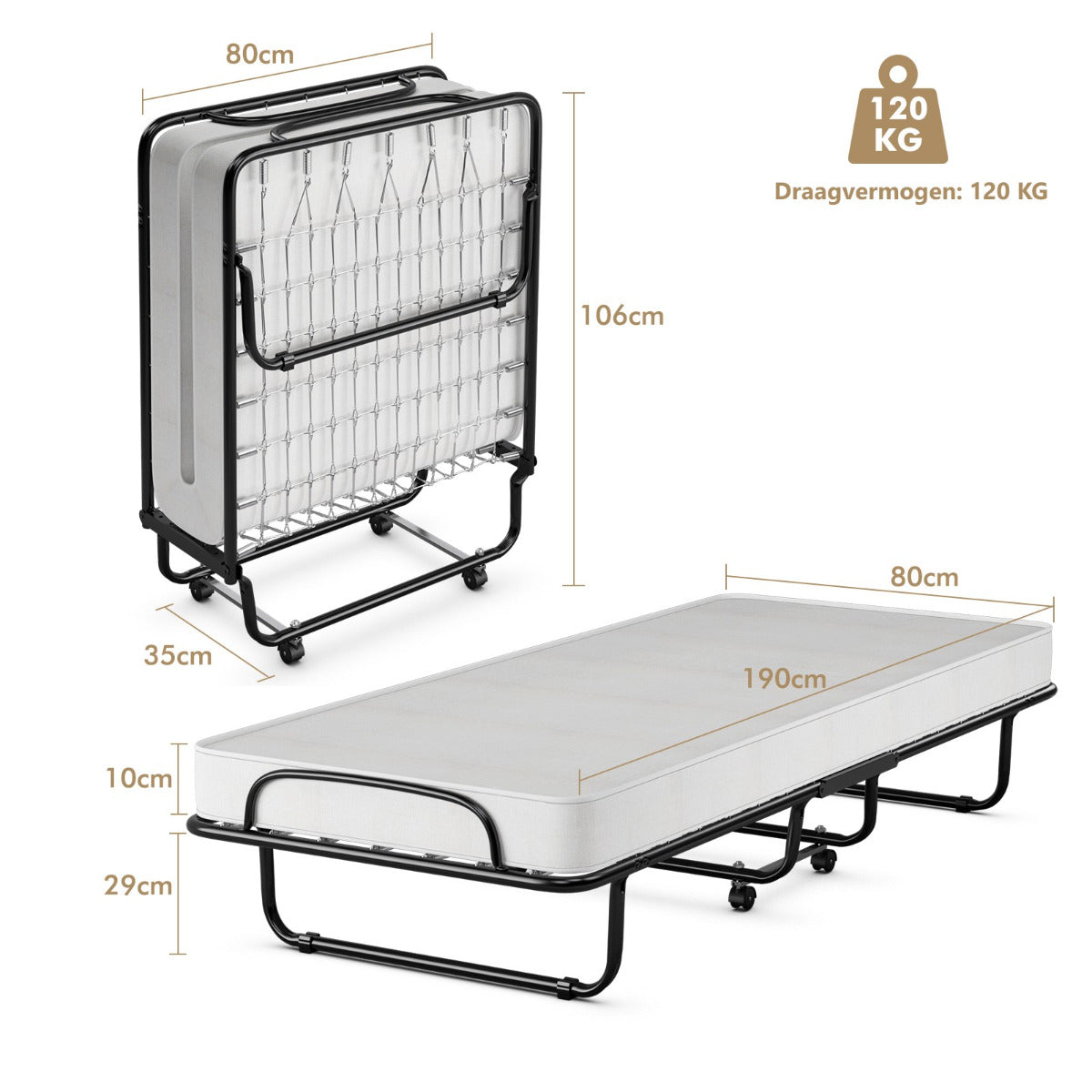 LIVSK Opvouwbaar Eenpersoonsbed met Matras - Stevig Stalen Frame - Draagvermogen tot 120 kg - Ruimtebesparend - 190 x 80 x 39 cm