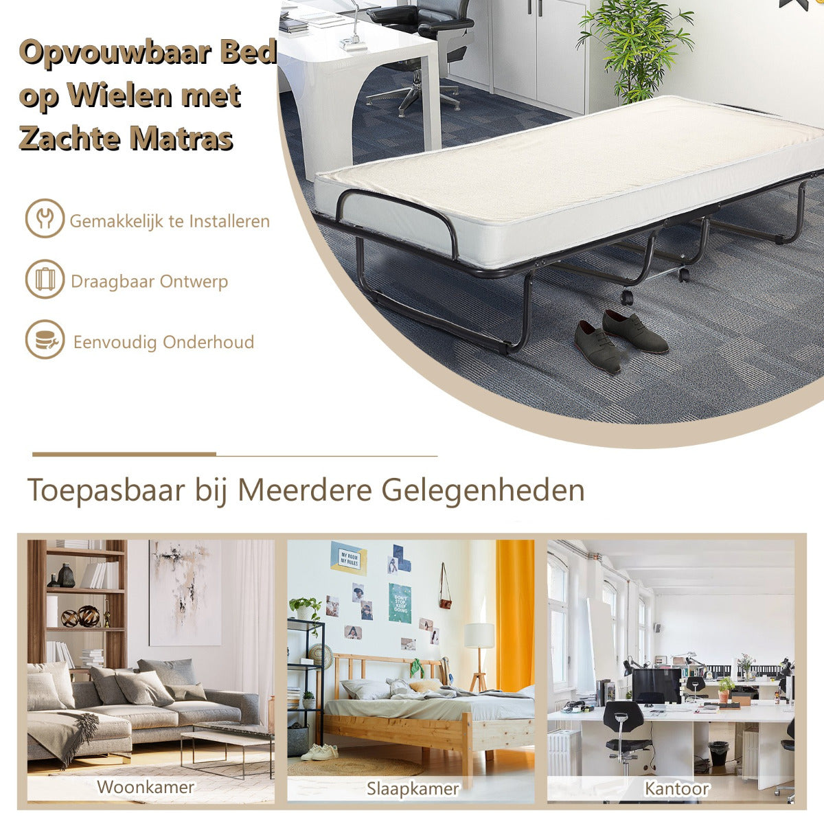 LIVSK Opvouwbaar Eenpersoonsbed met Matras - Stevig Stalen Frame - Draagvermogen tot 120 kg - Ruimtebesparend - 190 x 80 x 39 cm