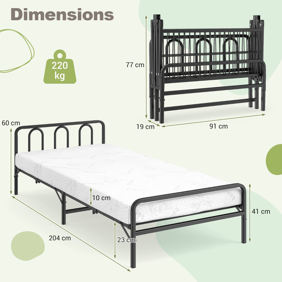 Livsk costway opvouwbaar bedframe met matras draagbaar opvouwbaar bed met hoofd en voetsteunen 2