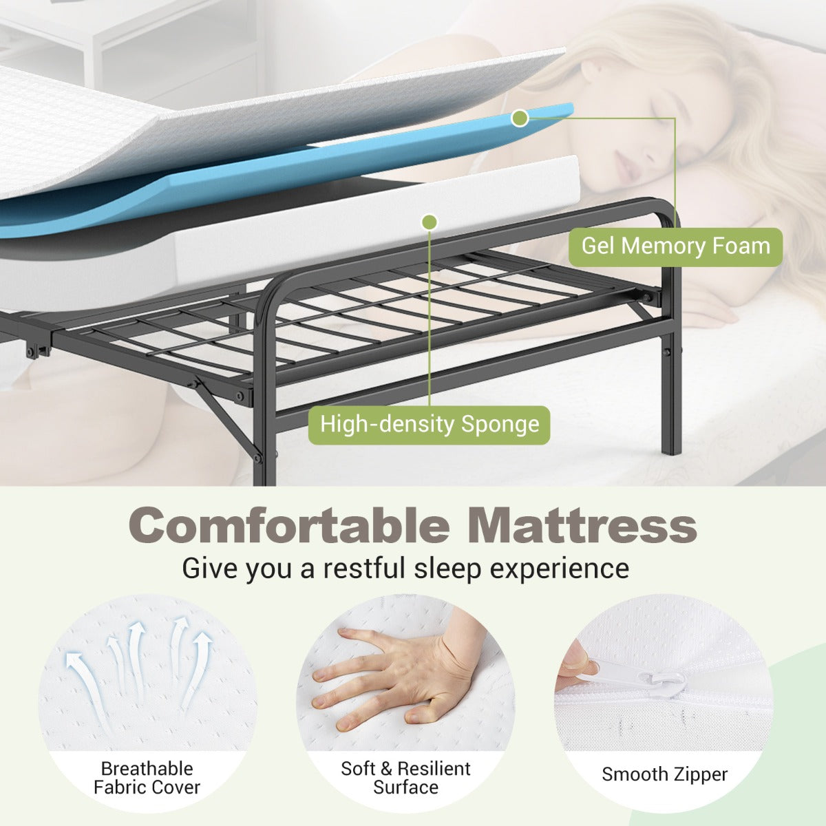 Livsk costway opvouwbaar bedframe met matras draagbaar opvouwbaar bed met hoofd en voetsteunen 5