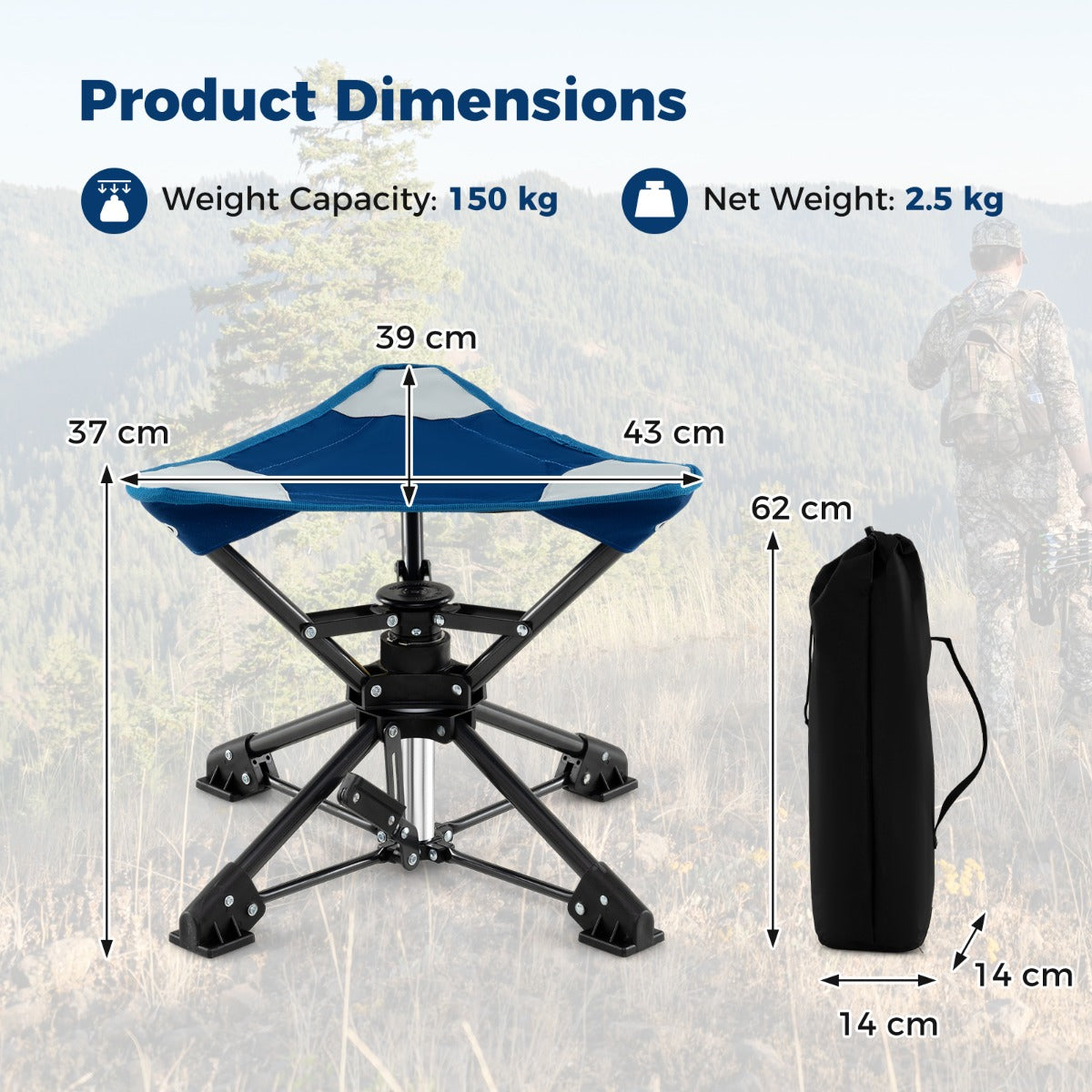 LIVSK Opvouwbare Campingkruk - 360° Draaibaar - Stevig Metaal - Waterdichte Oxford-Zitting - Tot 150 kg - Camouflage/Blauw