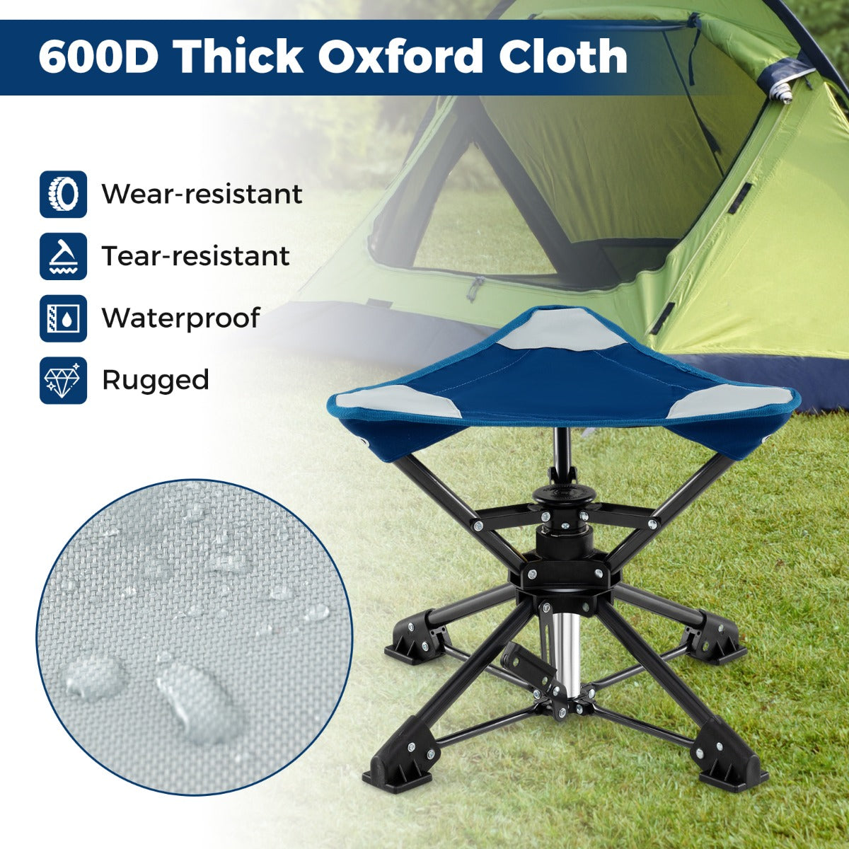 LIVSK Opvouwbare Campingkruk - 360° Draaibaar - Stevig Metaal - Waterdichte Oxford-Zitting - Tot 150 kg - Camouflage/Blauw