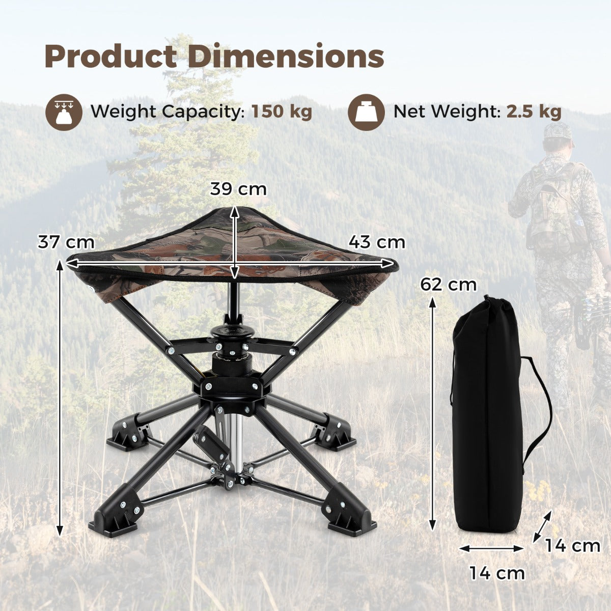 LIVSK Opvouwbare Driepoot Campingkruk - 360° Draaibaar - Stabilisatiepoten - Compact met Draagtas - Tot 150 kg - Camouflage/Blauw