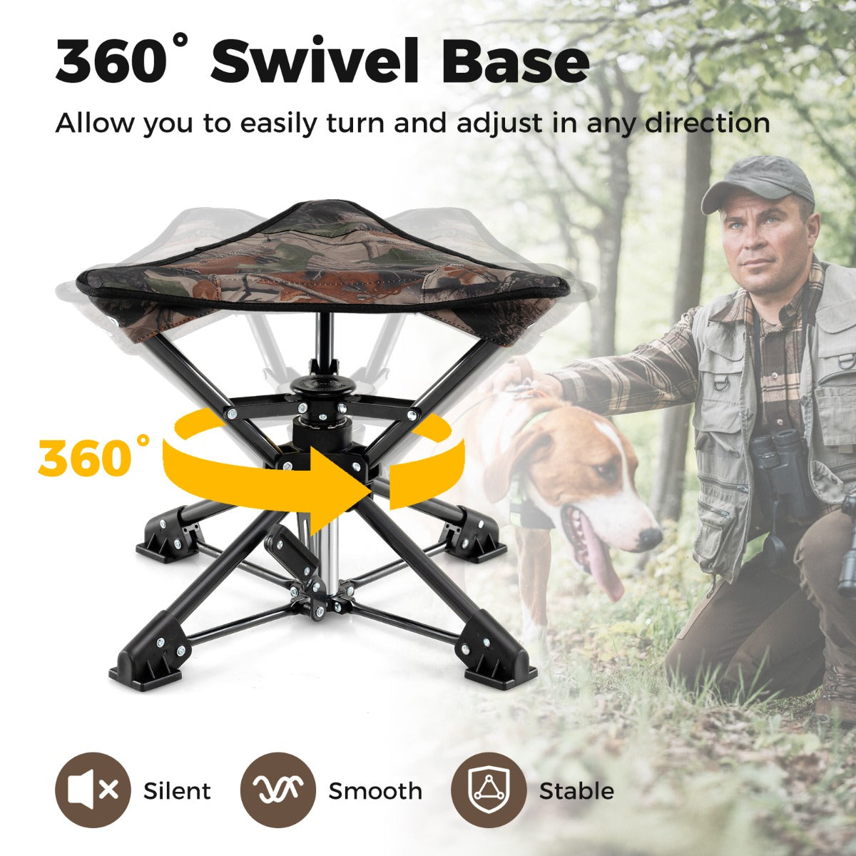LIVSK Opvouwbare Driepoot Campingkruk - 360° Draaibaar - Stabilisatiepoten - Compact met Draagtas - Tot 150 kg - Camouflage/Blauw