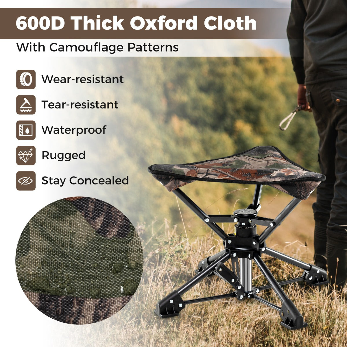LIVSK Opvouwbare Driepoot Campingkruk - 360° Draaibaar - Stabilisatiepoten - Compact met Draagtas - Tot 150 kg - Camouflage/Blauw