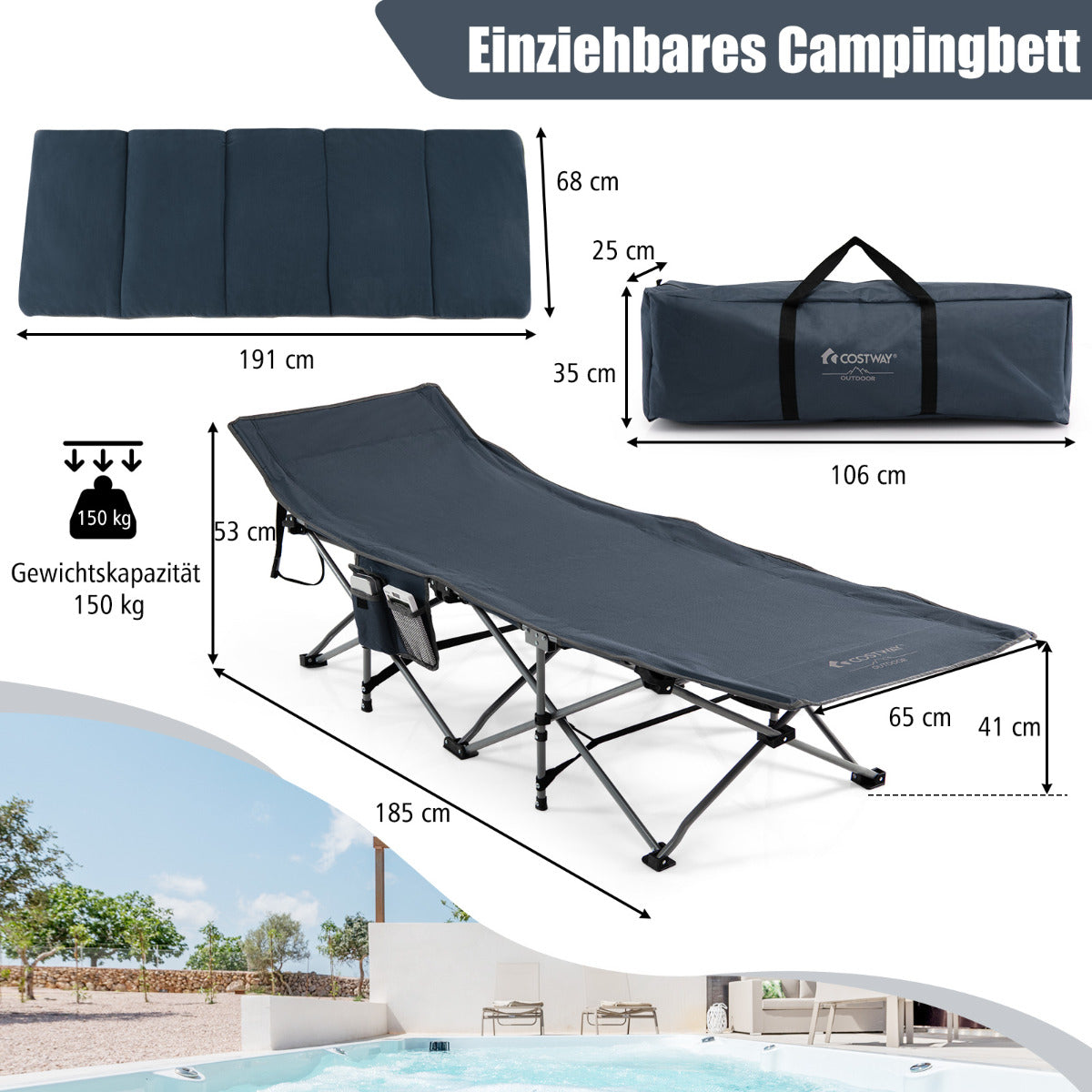 LIVSK Opvouwbaar Veldbed - Ademend Oxford-stof - Verwijderbare Hertenledervlies Matras - Ergonomisch Kussen - Tot 150 kg - Blauw
