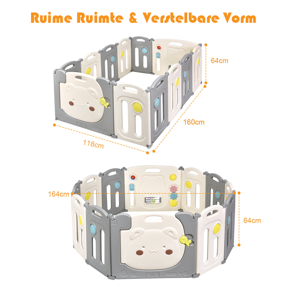 LIVSK Opvouwbare Kinderbox - Veilig HDPE - Antislip - Educatief Speelpaneel - Ruime Speelruimte - 118 x 160 x 64 cm - Wit + Grijs
