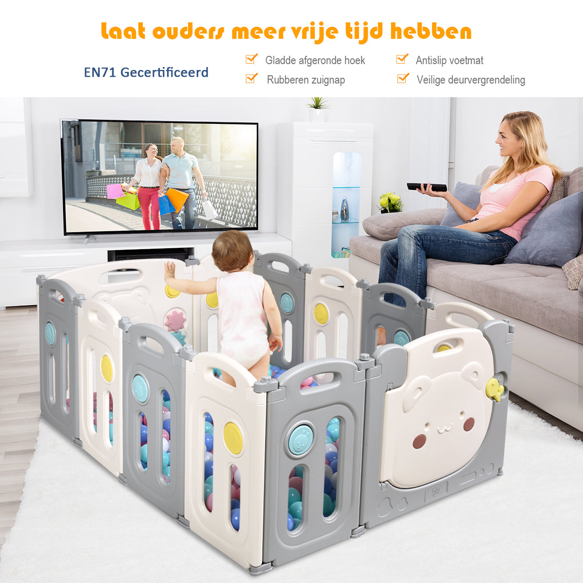LIVSK Opvouwbare Kinderbox - Veilig HDPE - Antislip - Educatief Speelpaneel - Ruime Speelruimte - 118 x 160 x 64 cm - Wit + Grijs