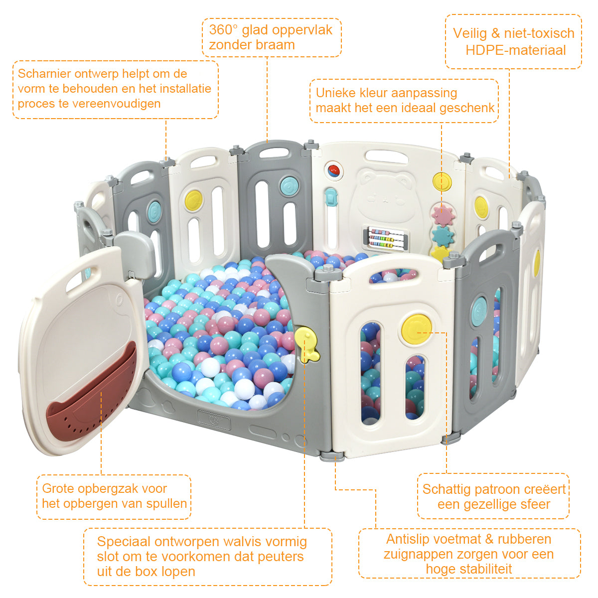 LIVSK Opvouwbare Kinderbox - Veilig HDPE - Antislip - Educatief Speelpaneel - Ruime Speelruimte - 118 x 160 x 64 cm - Wit + Grijs