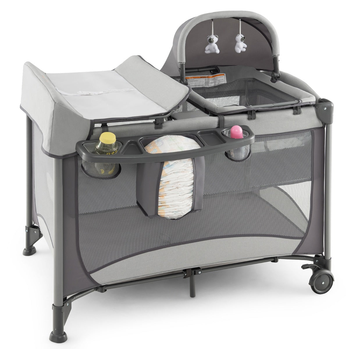 LIVSK 5-in-1 Draagbare Speelbox - Babybedje, Luiertafel & Activiteitencentrum - Opvouwbaar met Wielen - Tot 15 kg - Grijs