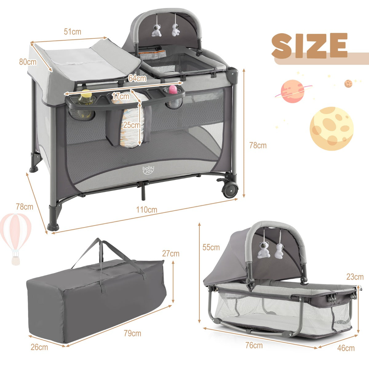 LIVSK 5-in-1 Draagbare Speelbox - Babybedje, Luiertafel & Activiteitencentrum - Opvouwbaar met Wielen - Tot 15 kg - Grijs