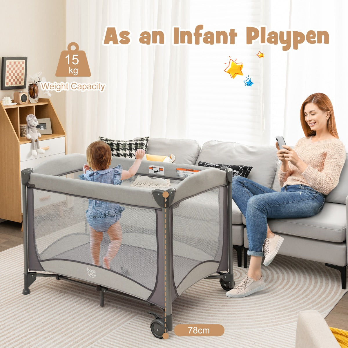 LIVSK 5-in-1 Draagbare Speelbox - Babybedje, Luiertafel & Activiteitencentrum - Opvouwbaar met Wielen - Tot 15 kg - Grijs