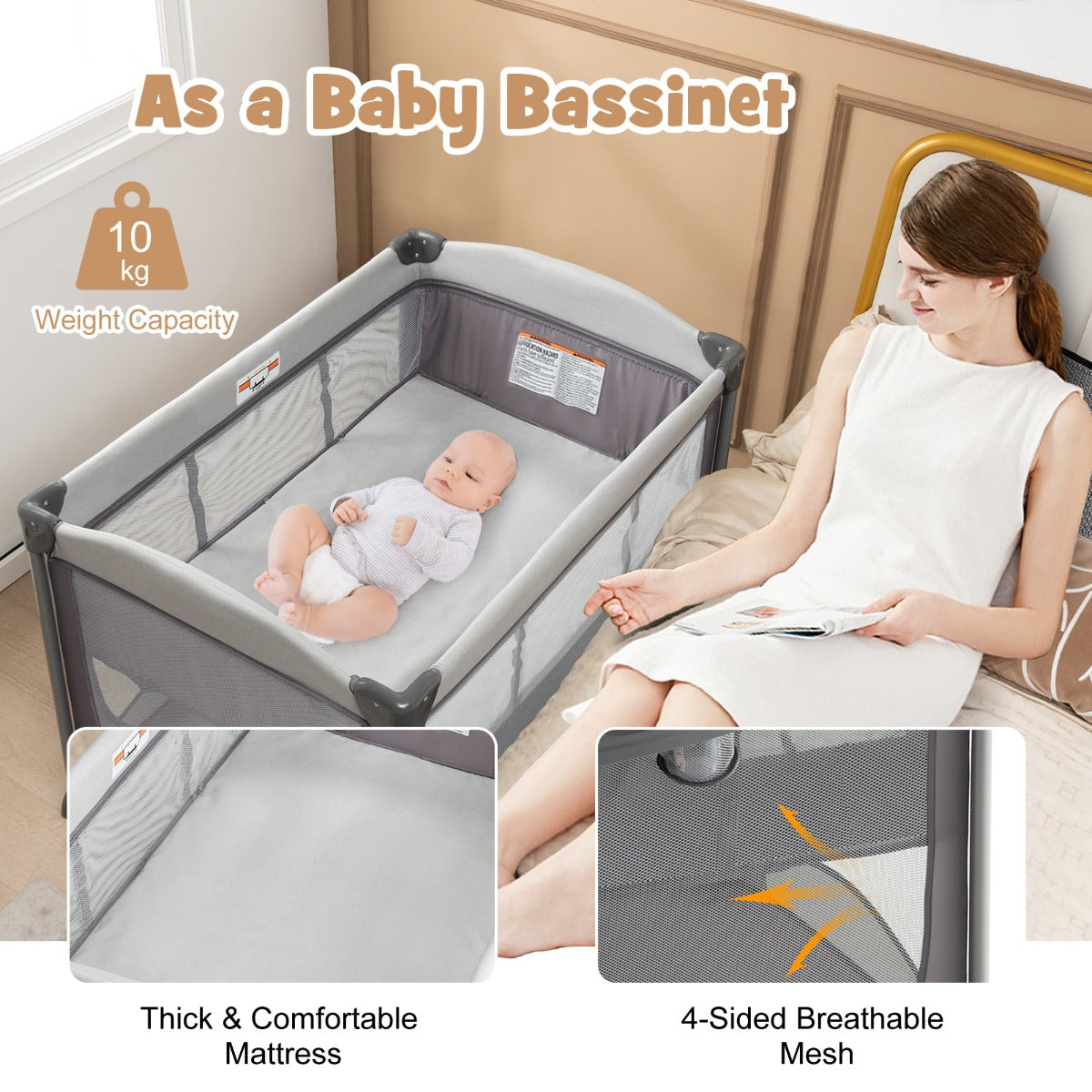 LIVSK 5-in-1 Draagbare Speelbox - Babybedje, Luiertafel & Activiteitencentrum - Opvouwbaar met Wielen - Tot 15 kg - Grijs