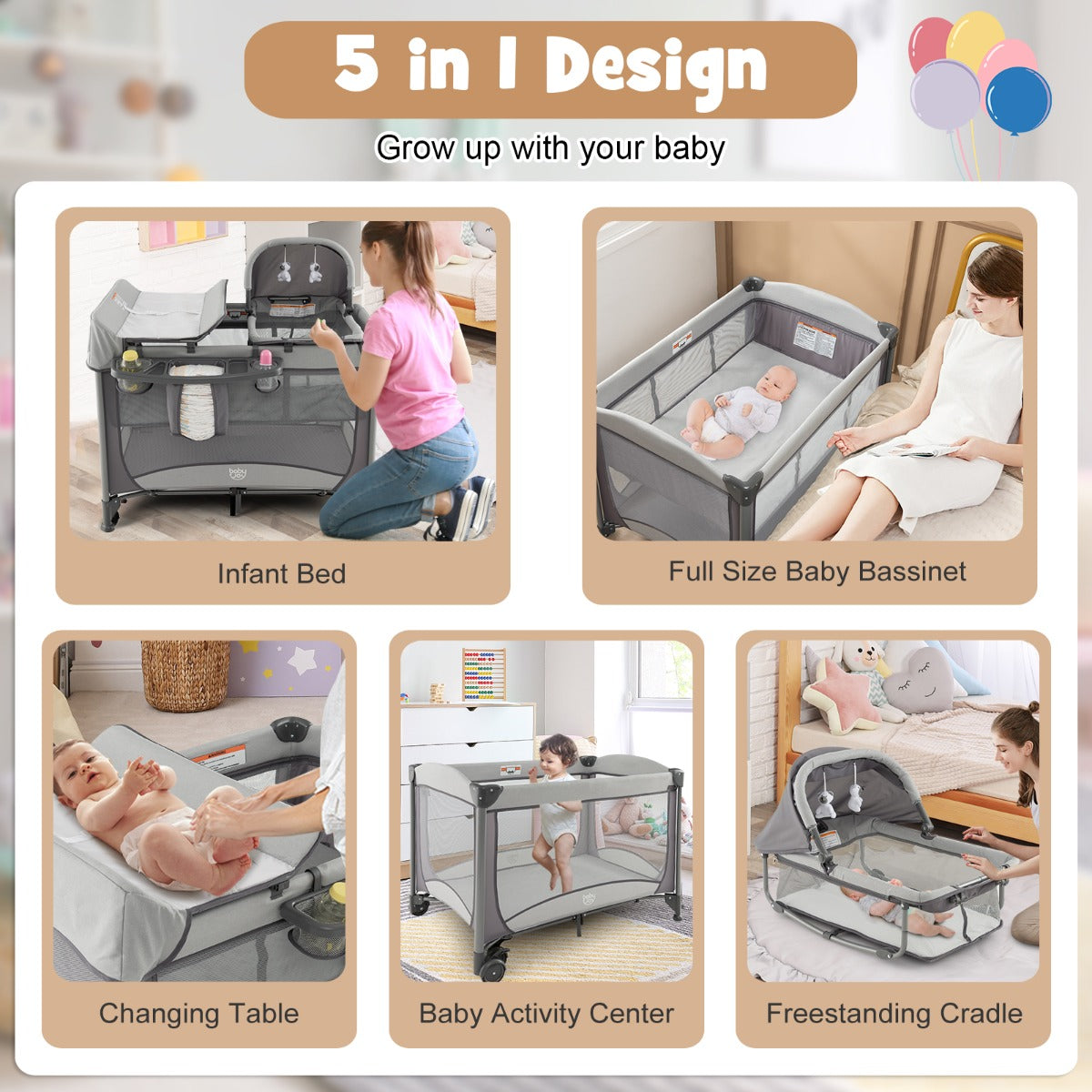 LIVSK 5-in-1 Draagbare Speelbox - Babybedje, Luiertafel & Activiteitencentrum - Opvouwbaar met Wielen - Tot 15 kg - Grijs