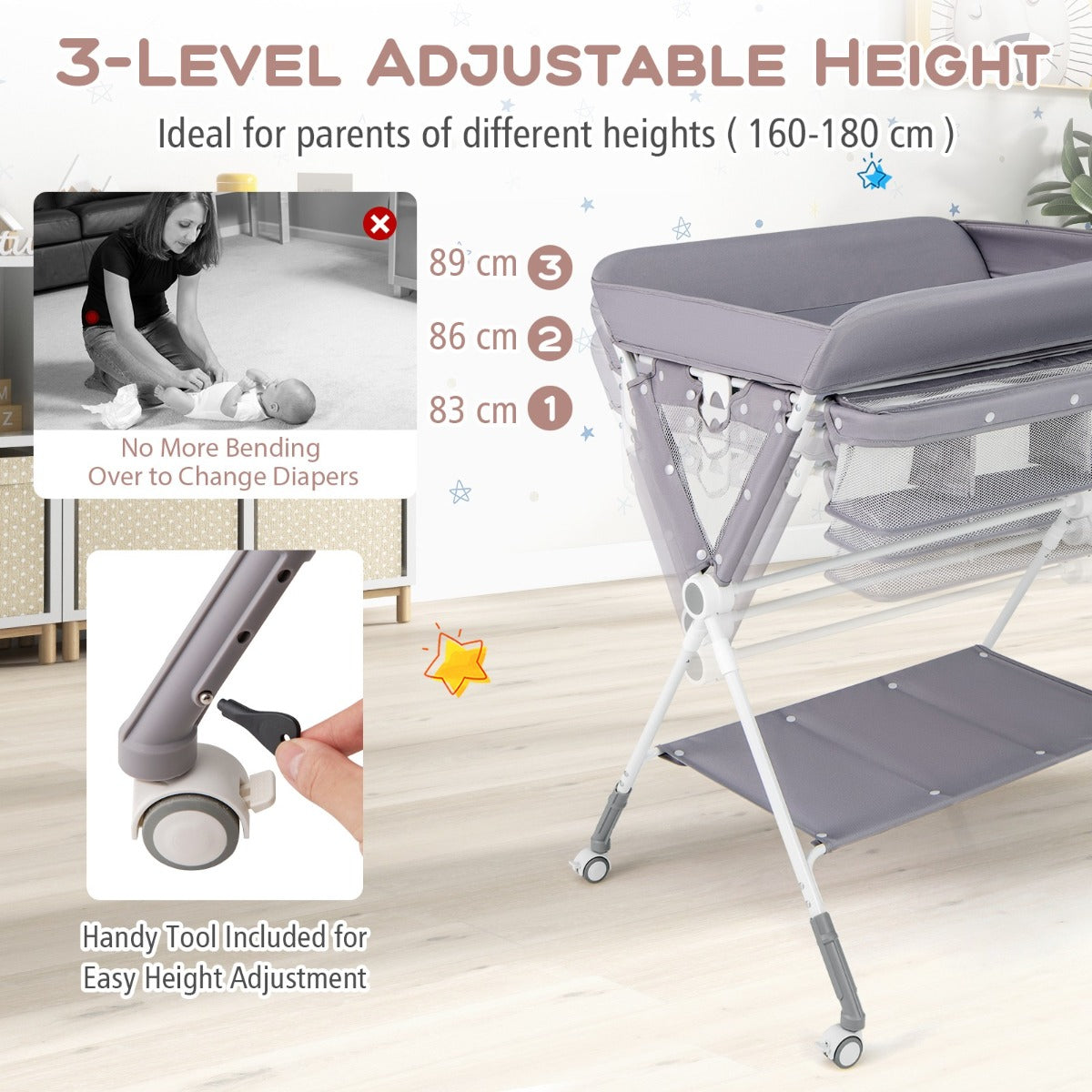 Livsk costway opvouwbare babyverschoontafel en nestbedje voor pasgeborenen mobiel babycentrum en opvouwbaar bedje naast het bed grijs 6