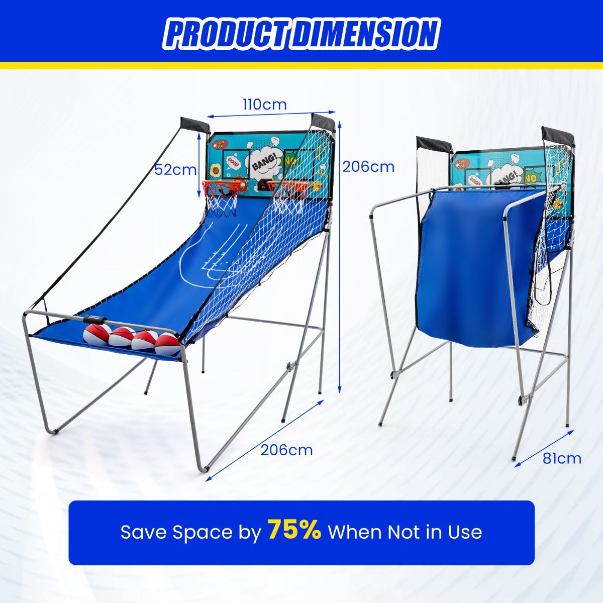 LIVSK Basketbal Arcadespel - Elektronisch Scoresysteem - 8 Spelstanden - Voor 1-4 Spelers - Opvouwbaar - 206 x 110 x 206 cm -
